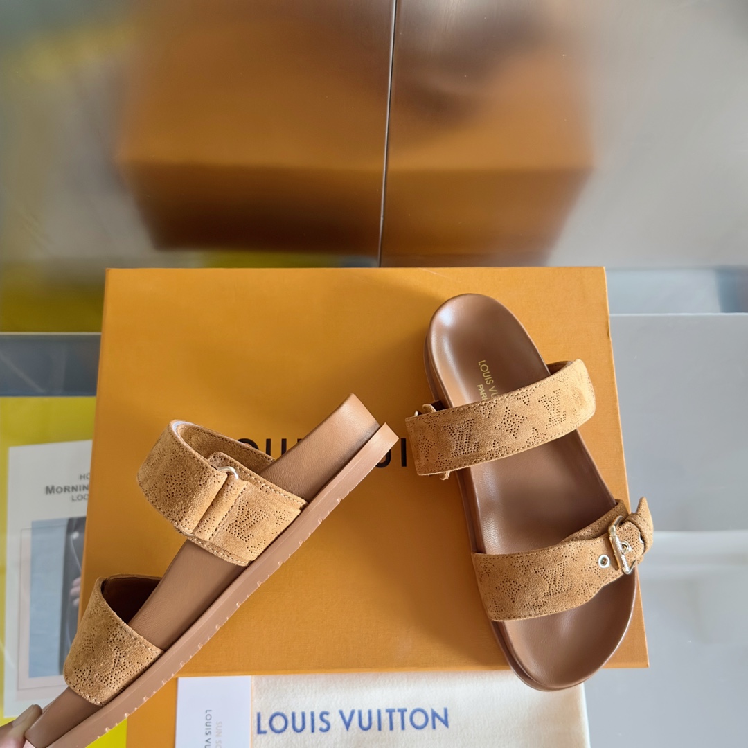 Louis Vuitton LV路易威登L家驴牌BOM DIA COMFORT系列 魔术贴 牛仔布 老花 凉鞋 平底凉拖鞋