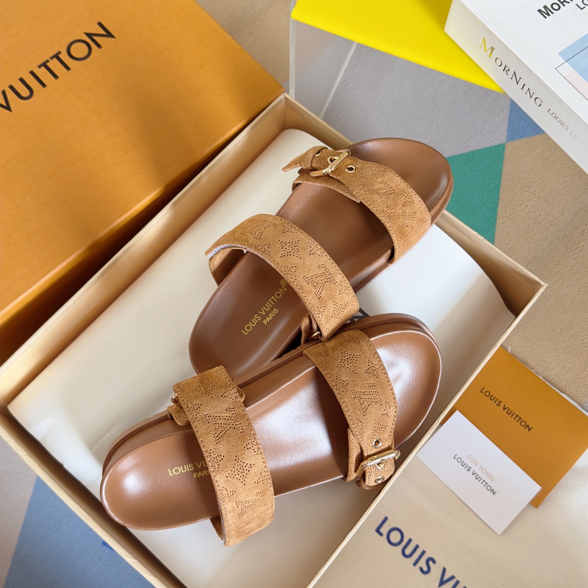 Louis Vuitton LV路易威登L家驴牌BOM DIA COMFORT系列 魔术贴 牛仔布 老花 凉鞋 平底凉拖鞋