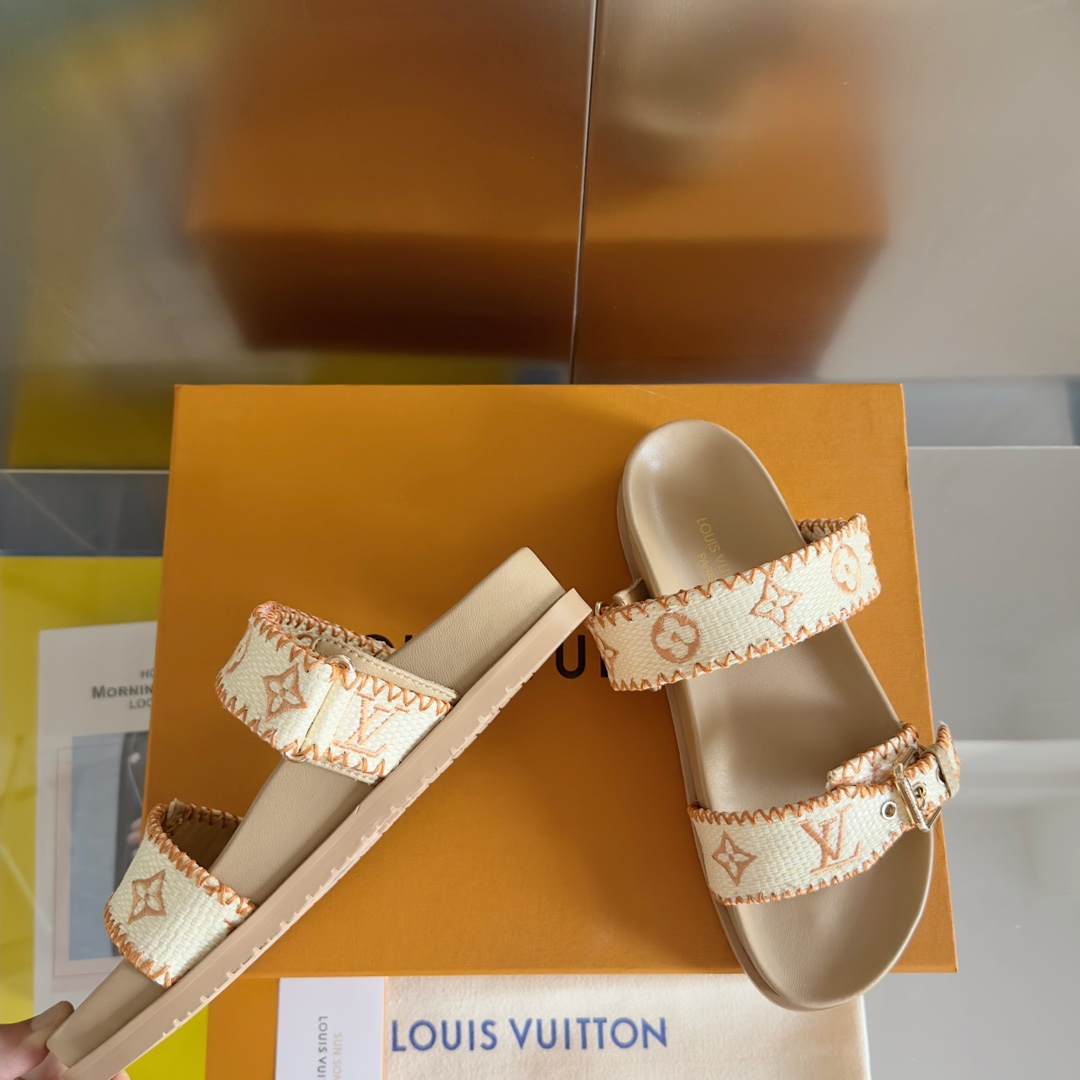 Louis Vuitton LV路易威登L家驴牌BOM DIA COMFORT系列 魔术贴 牛仔布 老花 凉鞋 平底凉拖鞋