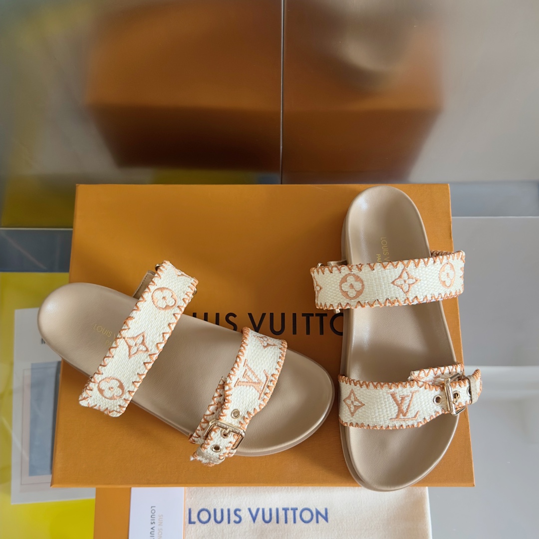 Louis Vuitton LV路易威登L家驴牌BOM DIA COMFORT系列 魔术贴 牛仔布 老花 凉鞋 平底凉拖鞋