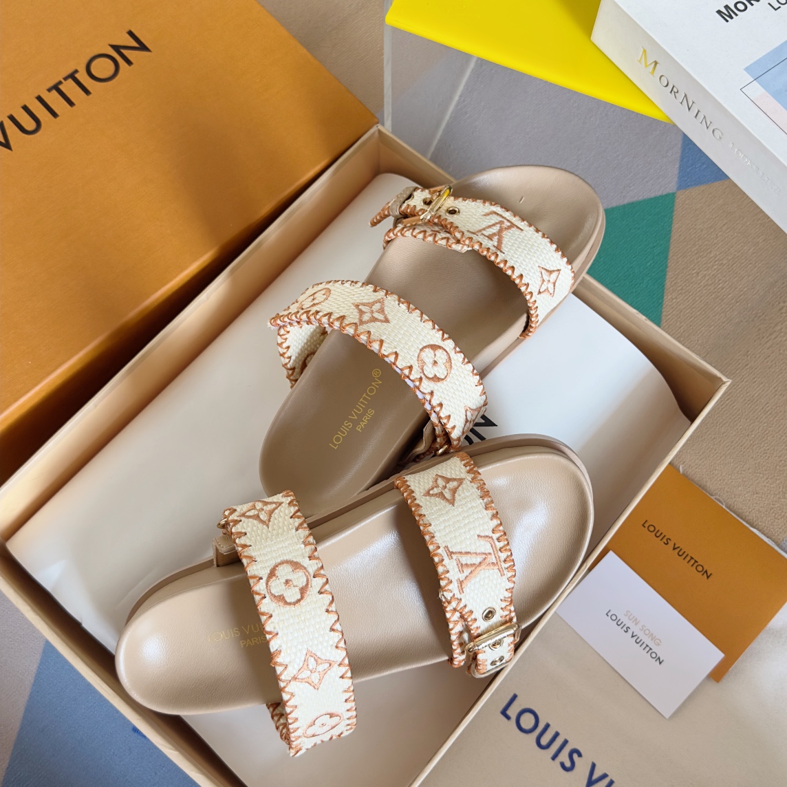 Louis Vuitton LV路易威登L家驴牌BOM DIA COMFORT系列 魔术贴 牛仔布 老花 凉鞋 平底凉拖鞋