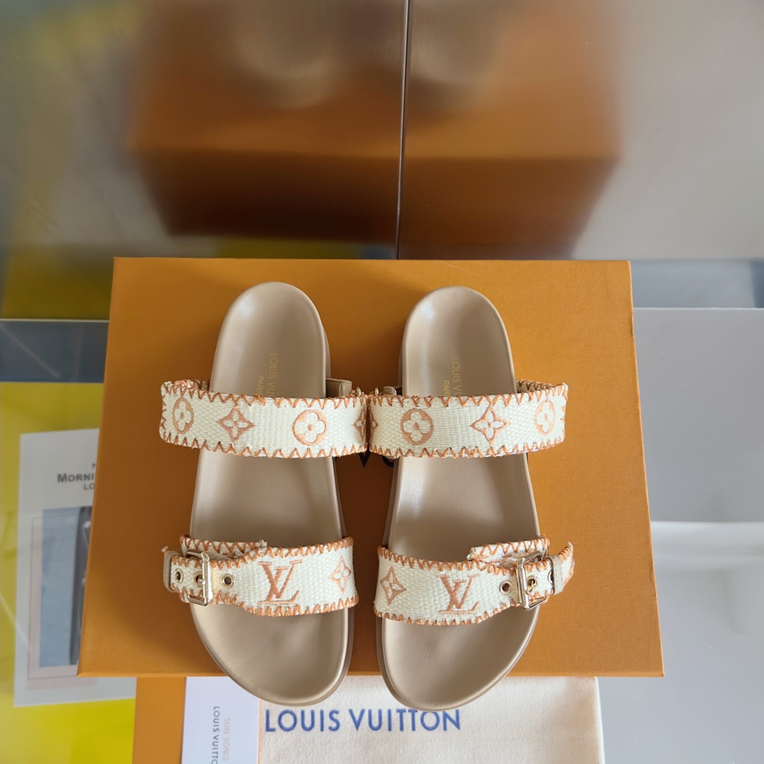 Louis Vuitton LV路易威登L家驴牌BOM DIA COMFORT系列 魔术贴 牛仔布 老花 凉鞋 平底凉拖鞋