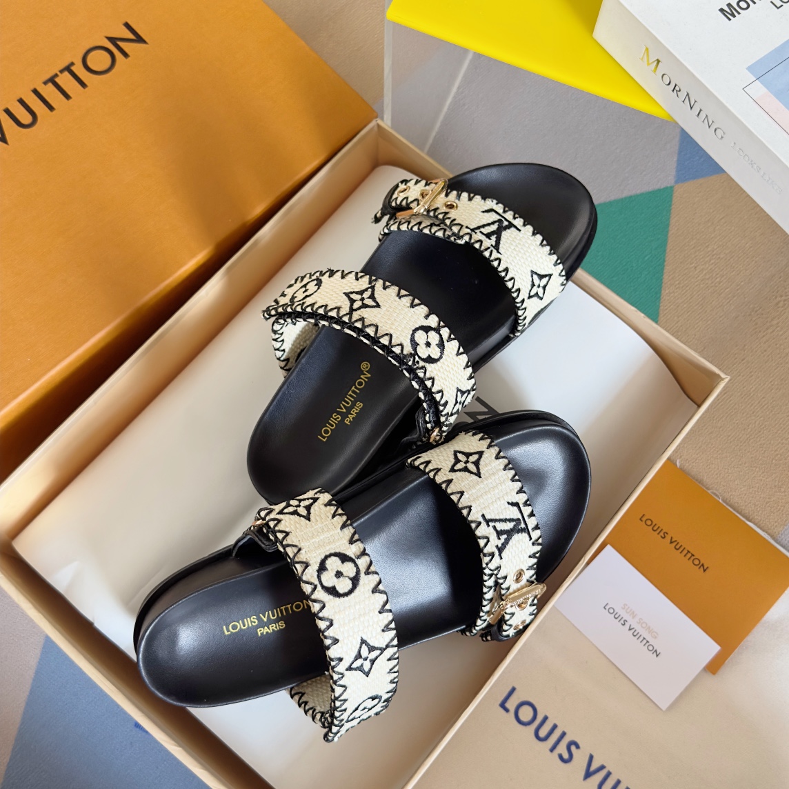 Louis Vuitton LV路易威登L家驴牌BOM DIA COMFORT系列 魔术贴 牛仔布 老花 凉鞋 平底凉拖鞋