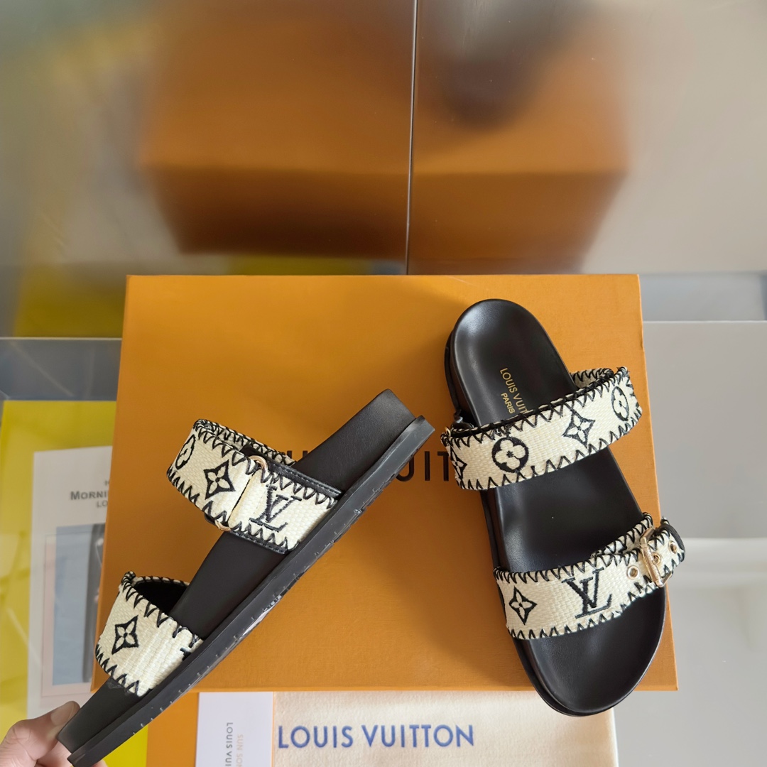 Louis Vuitton LV路易威登L家驴牌BOM DIA COMFORT系列 魔术贴 牛仔布 老花 凉鞋 平底凉拖鞋
