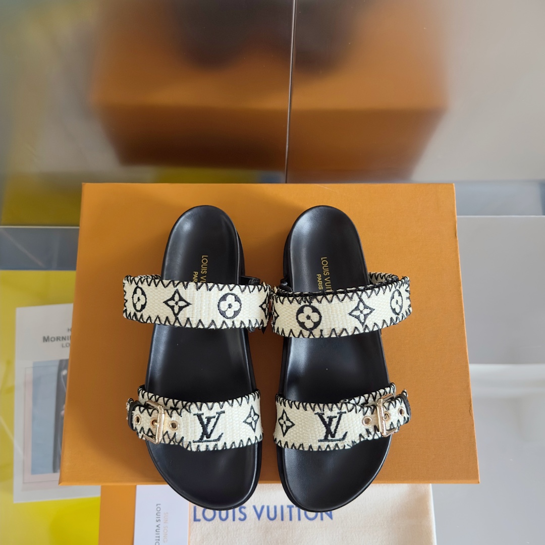 Louis Vuitton LV路易威登L家驴牌BOM DIA COMFORT系列 魔术贴 牛仔布 老花 凉鞋 平底凉拖鞋