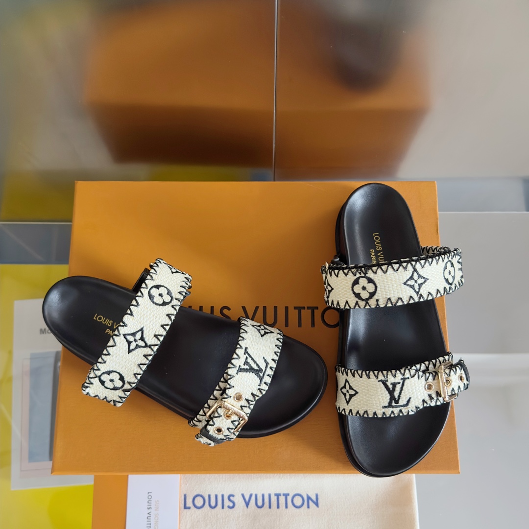 Louis Vuitton LV路易威登L家驴牌BOM DIA COMFORT系列 魔术贴 牛仔布 老花 凉鞋 平底凉拖鞋