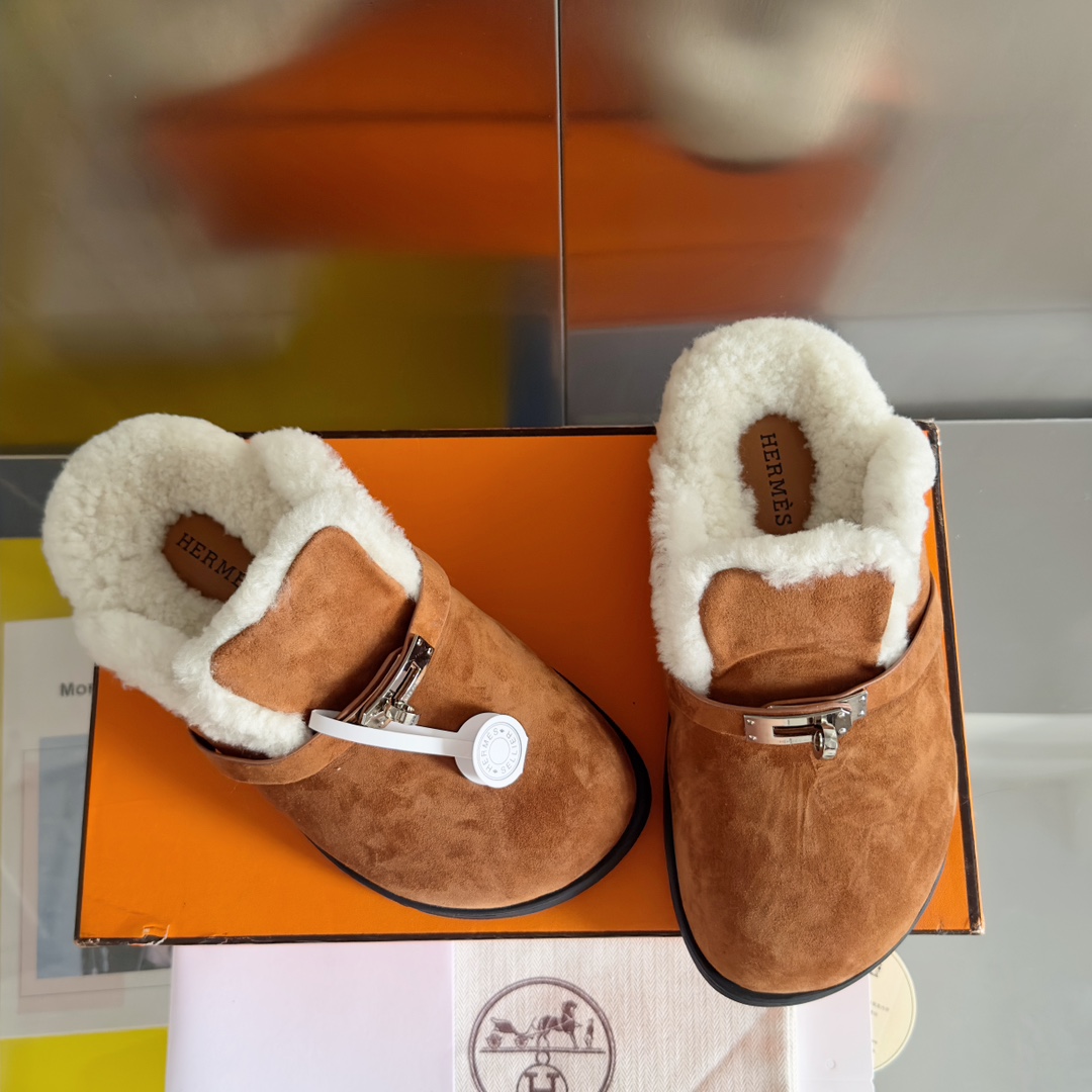 Hermès Hermes爱马仕 最新 Kelly扣 勃肯毛拖鞋 泰迪 穆勒鞋