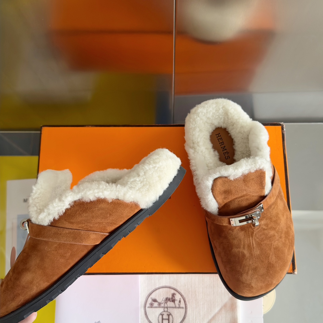 Hermès Hermes爱马仕 最新 Kelly扣 勃肯毛拖鞋 泰迪 穆勒鞋
