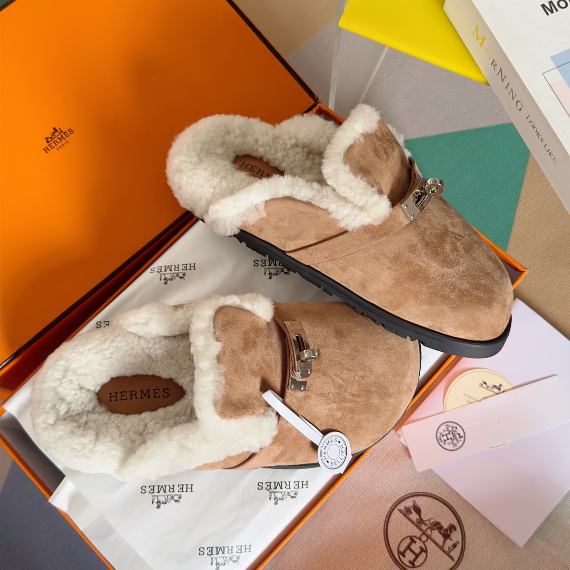 Hermès Hermes爱马仕 最新 Kelly扣 勃肯毛拖鞋 泰迪 穆勒鞋