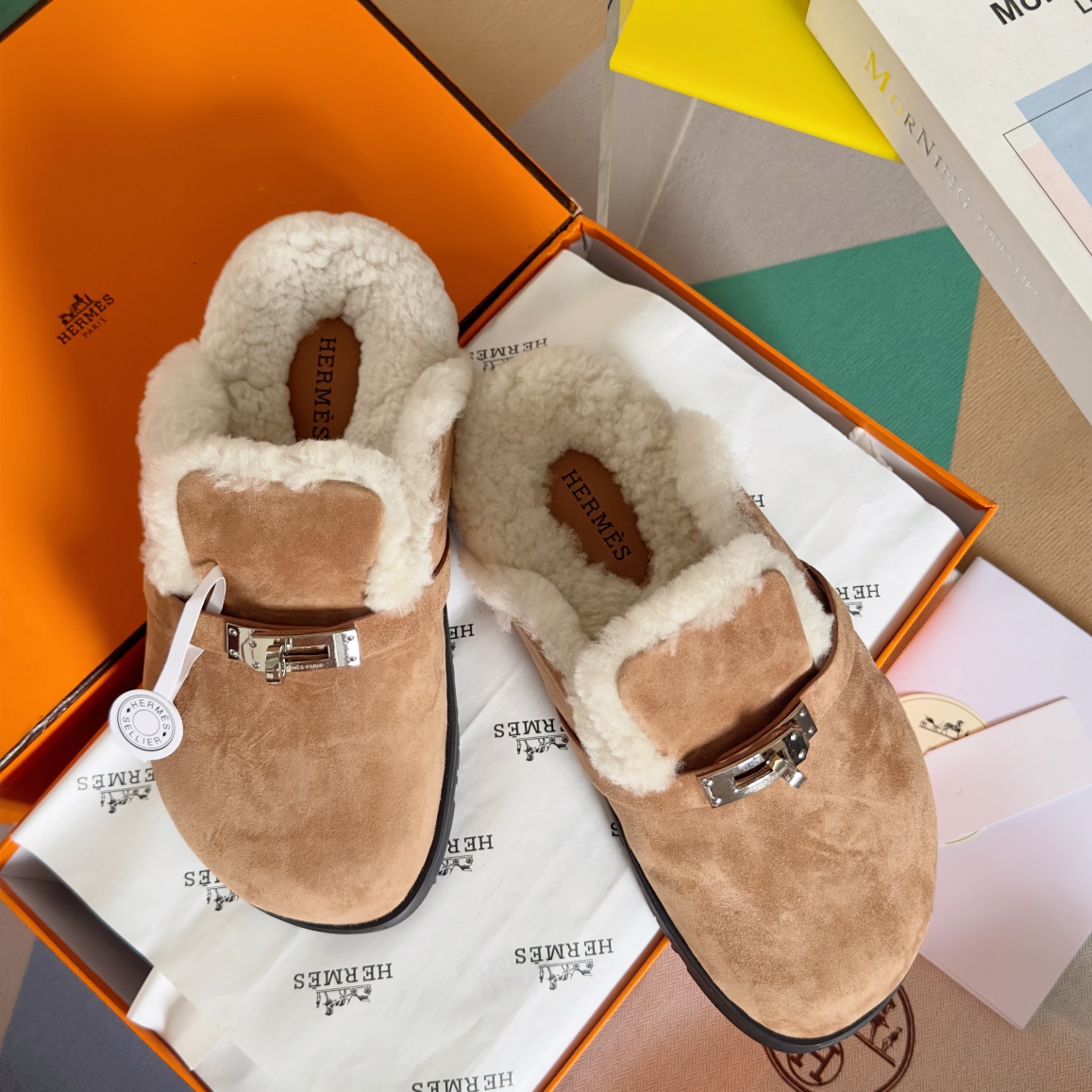 Hermès Hermes爱马仕 最新 Kelly扣 勃肯毛拖鞋 泰迪 穆勒鞋