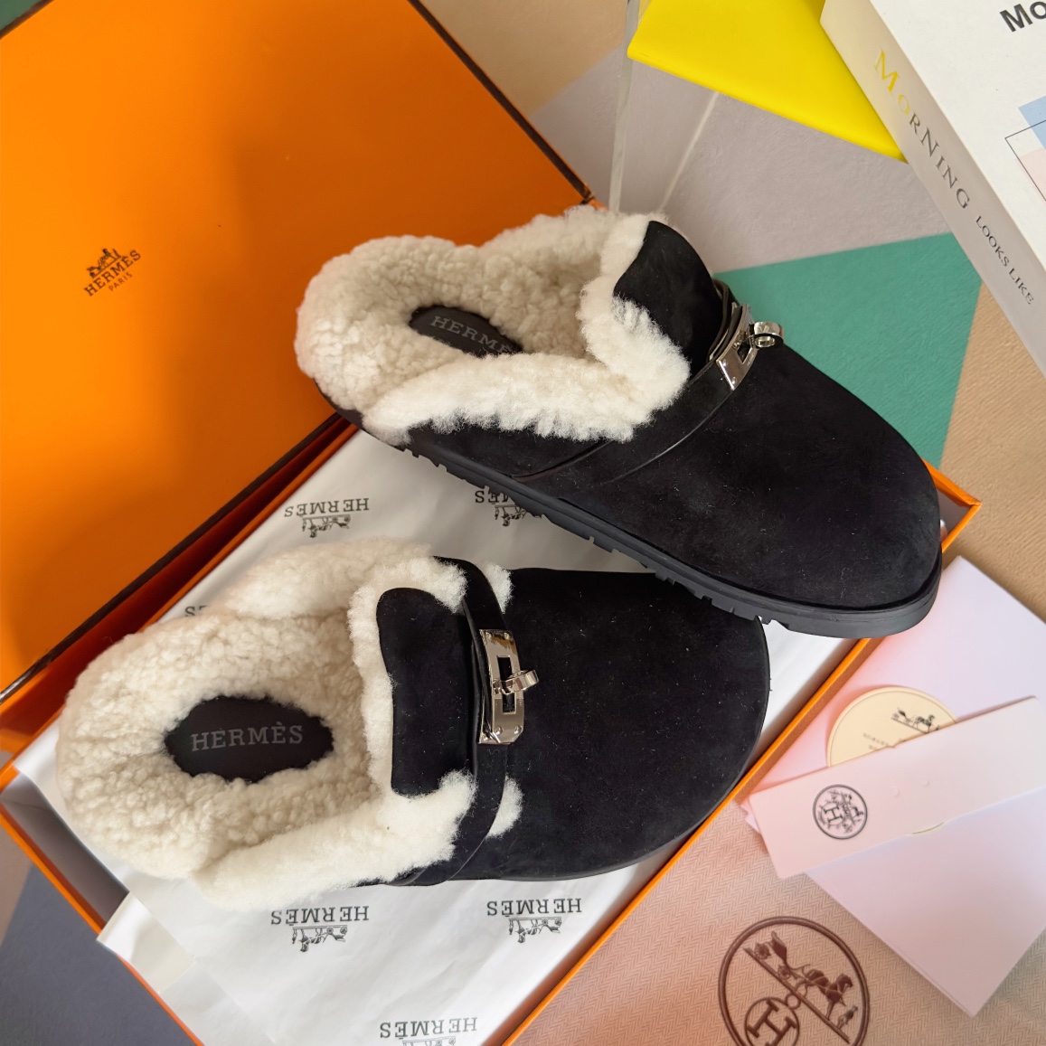 Hermès Hermes爱马仕 最新 Kelly扣 勃肯毛拖鞋 泰迪 穆勒鞋