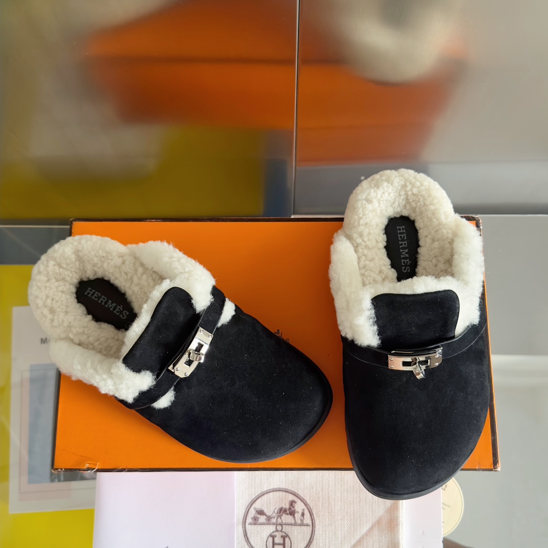 Hermès Hermes爱马仕 最新 Kelly扣 勃肯毛拖鞋 泰迪 穆勒鞋