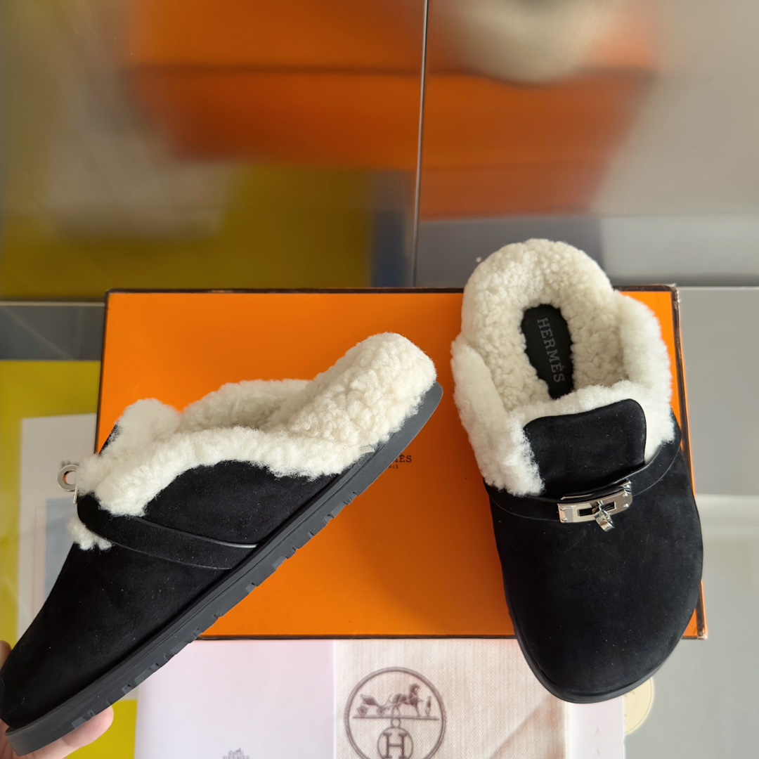 Hermès Hermes爱马仕 最新 Kelly扣 勃肯毛拖鞋 泰迪 穆勒鞋