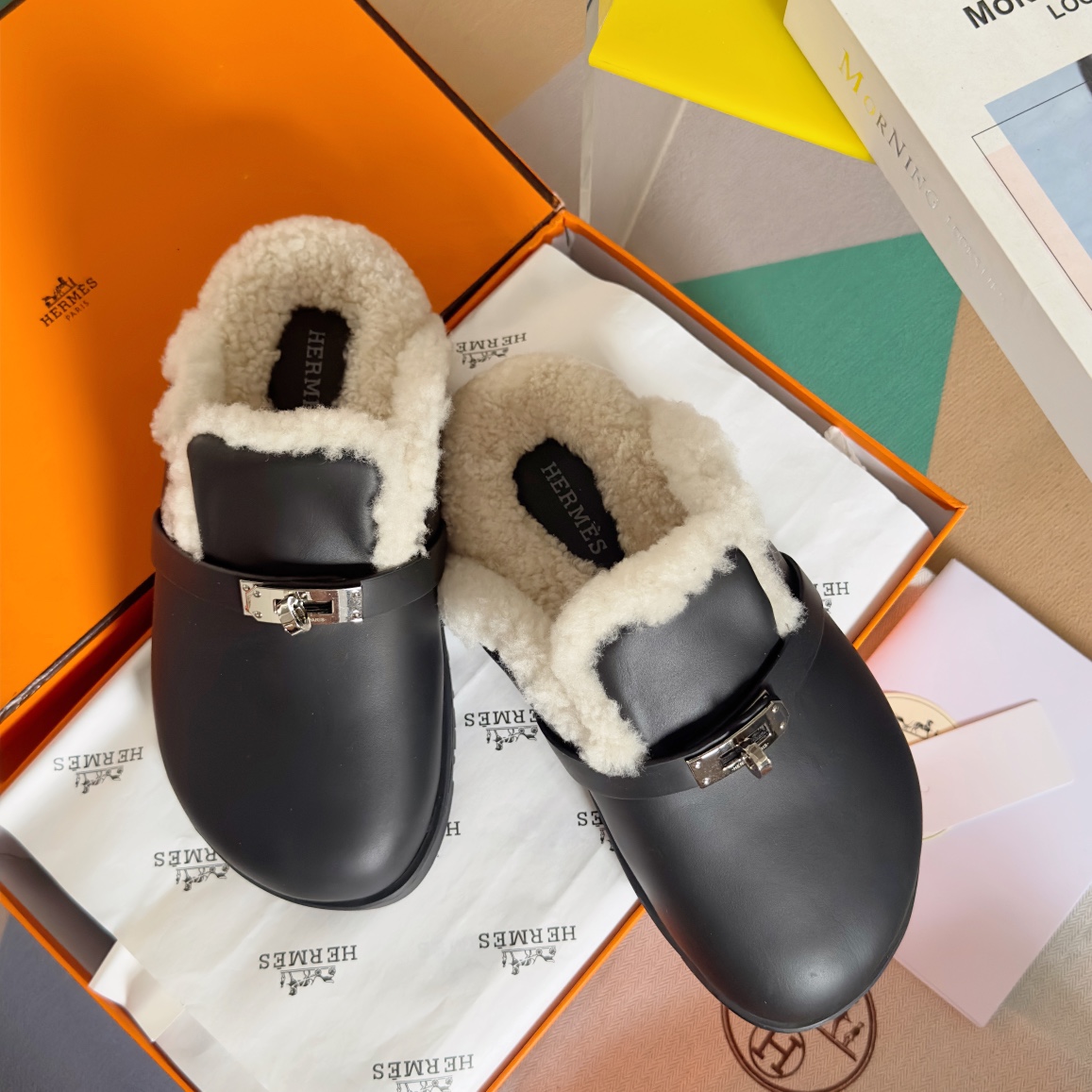 Hermès Hermes爱马仕 最新 Kelly扣 勃肯毛拖鞋 泰迪 穆勒鞋