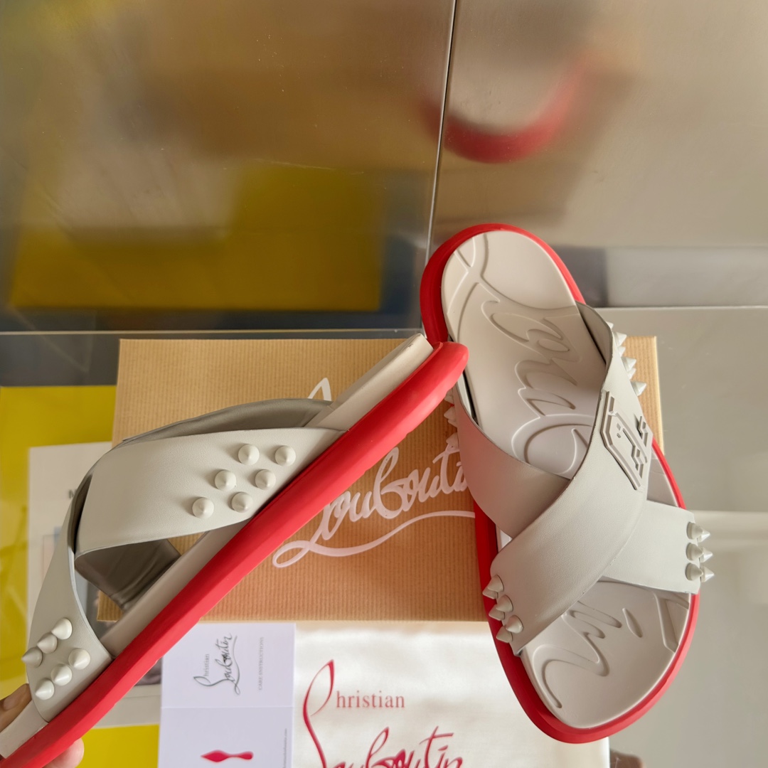 顶级版本男款ChristianLouboutin路铂廷CL红底鞋TakeItEasy系列铆钉凉拖鞋原版购