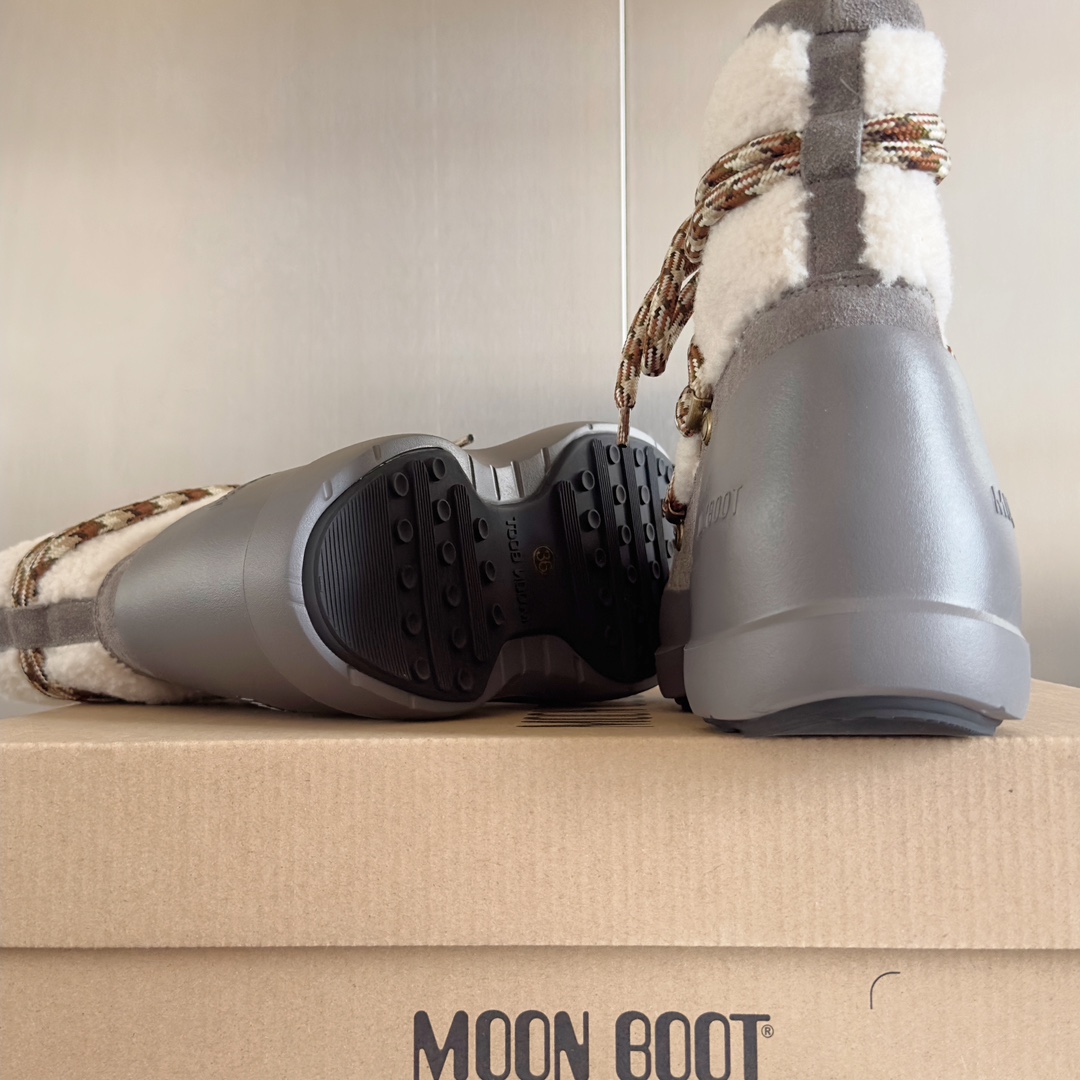 顶级版本MoonBoot最新款Luna羊皮毛厚底系带一脚蹬雪地靴短靴棉靴原版购入开发做货Luna羊皮毛雪