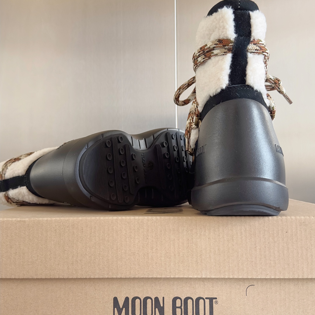 顶级版本MoonBoot最新款Luna羊皮毛厚底系带一脚蹬雪地靴短靴棉靴原版购入开发做货Luna羊皮毛雪