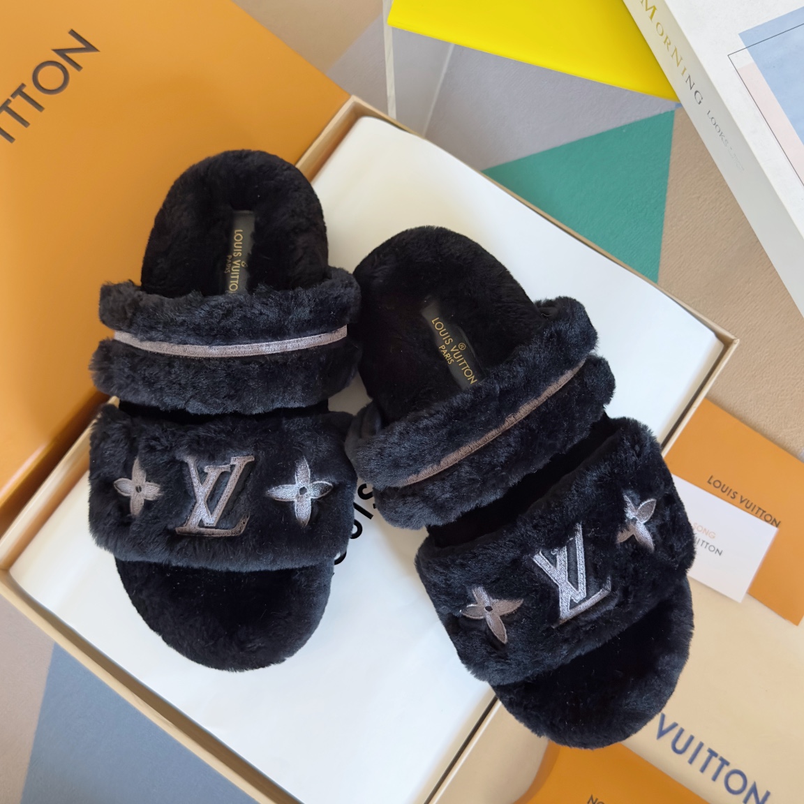 Louis Vuitton Zapatos Pantuflas Bordado Mujeres Caucho Lana Sunset