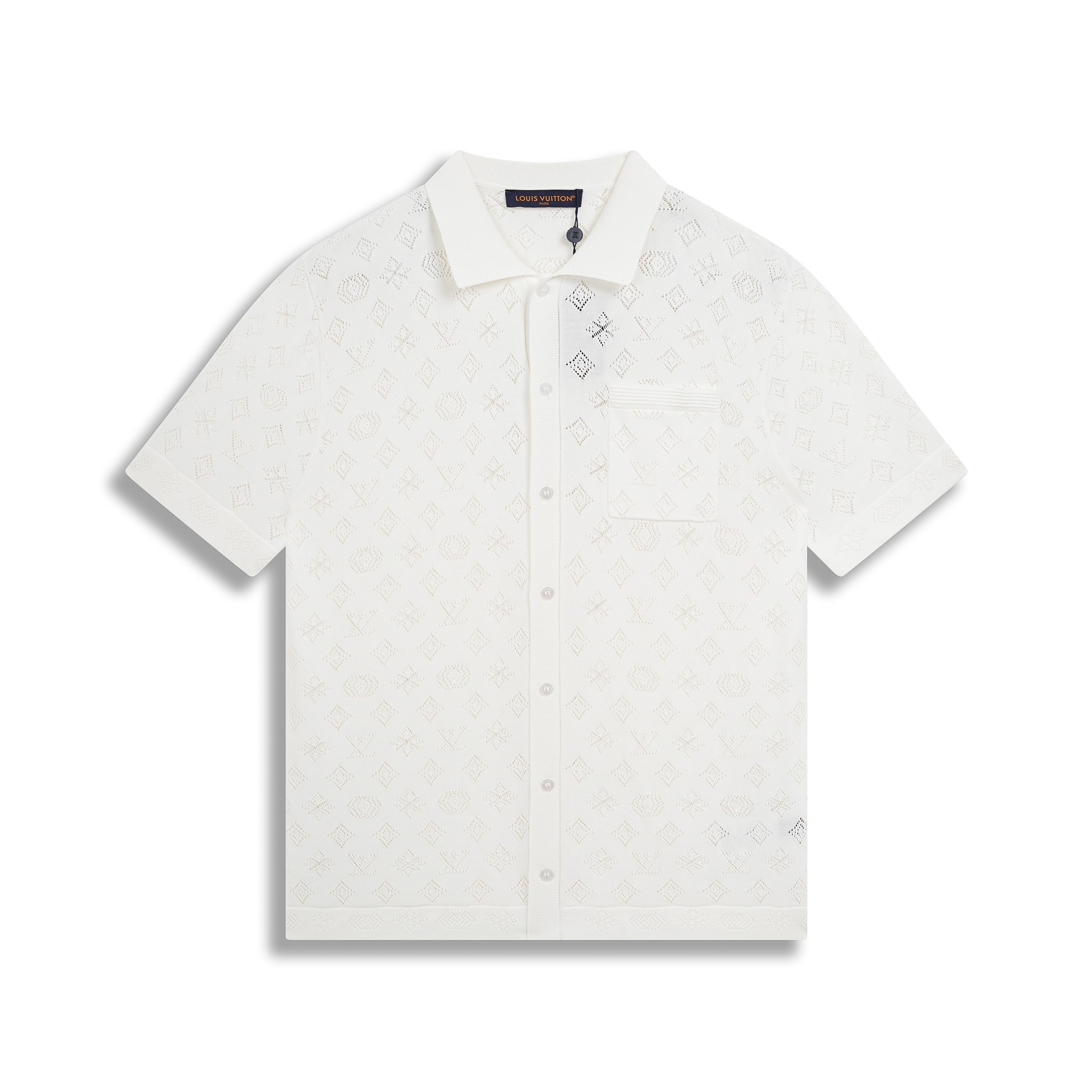 P110 1V/Camisa de manga corta de punto jacquard con patrón antiguo hueco de nuevo estilo La tela está hecha de hilo de …