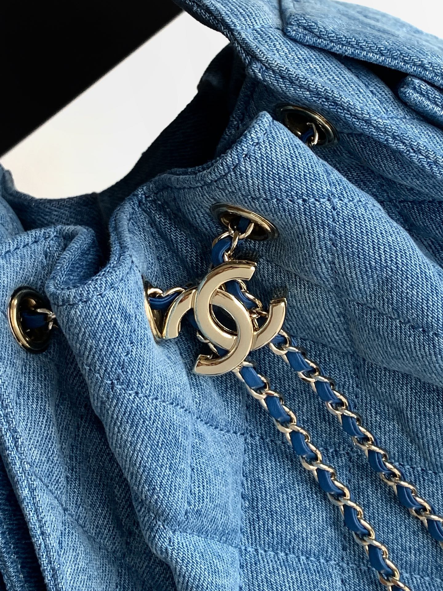Chanel Denim Quilted Drawstring Tote Bag