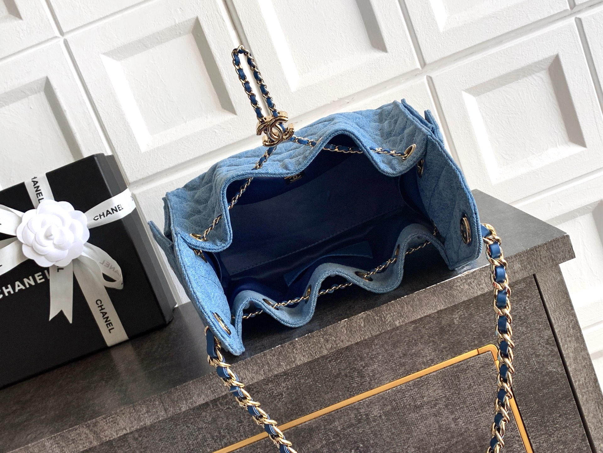 Chanel Denim Quilted Drawstring Tote Bag