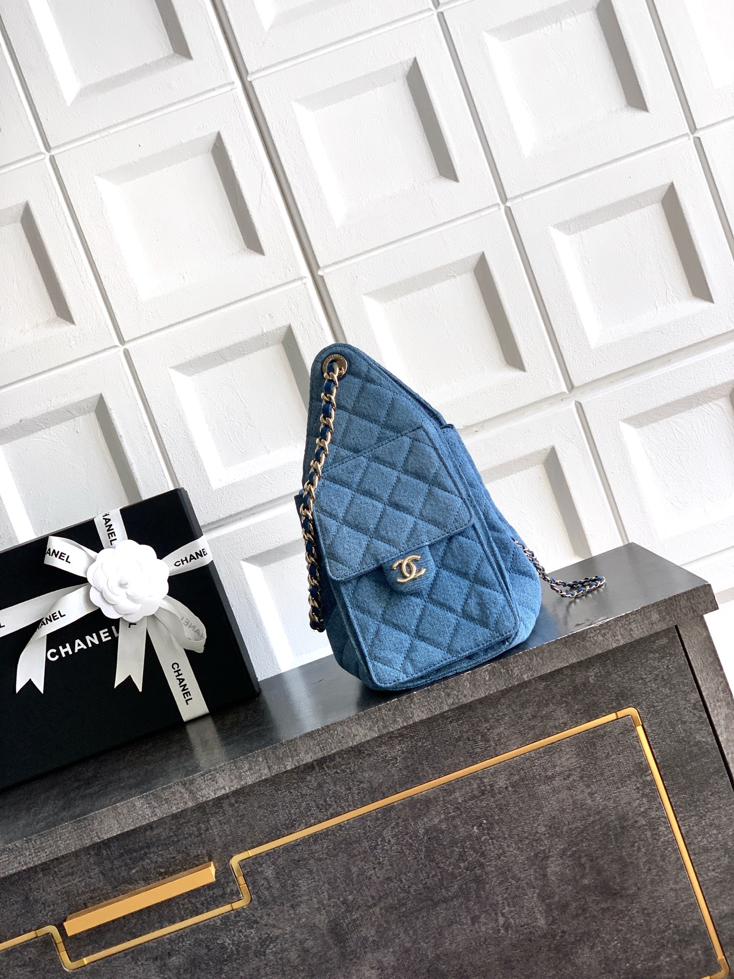 Chanel Denim Quilted Drawstring Tote Bag
