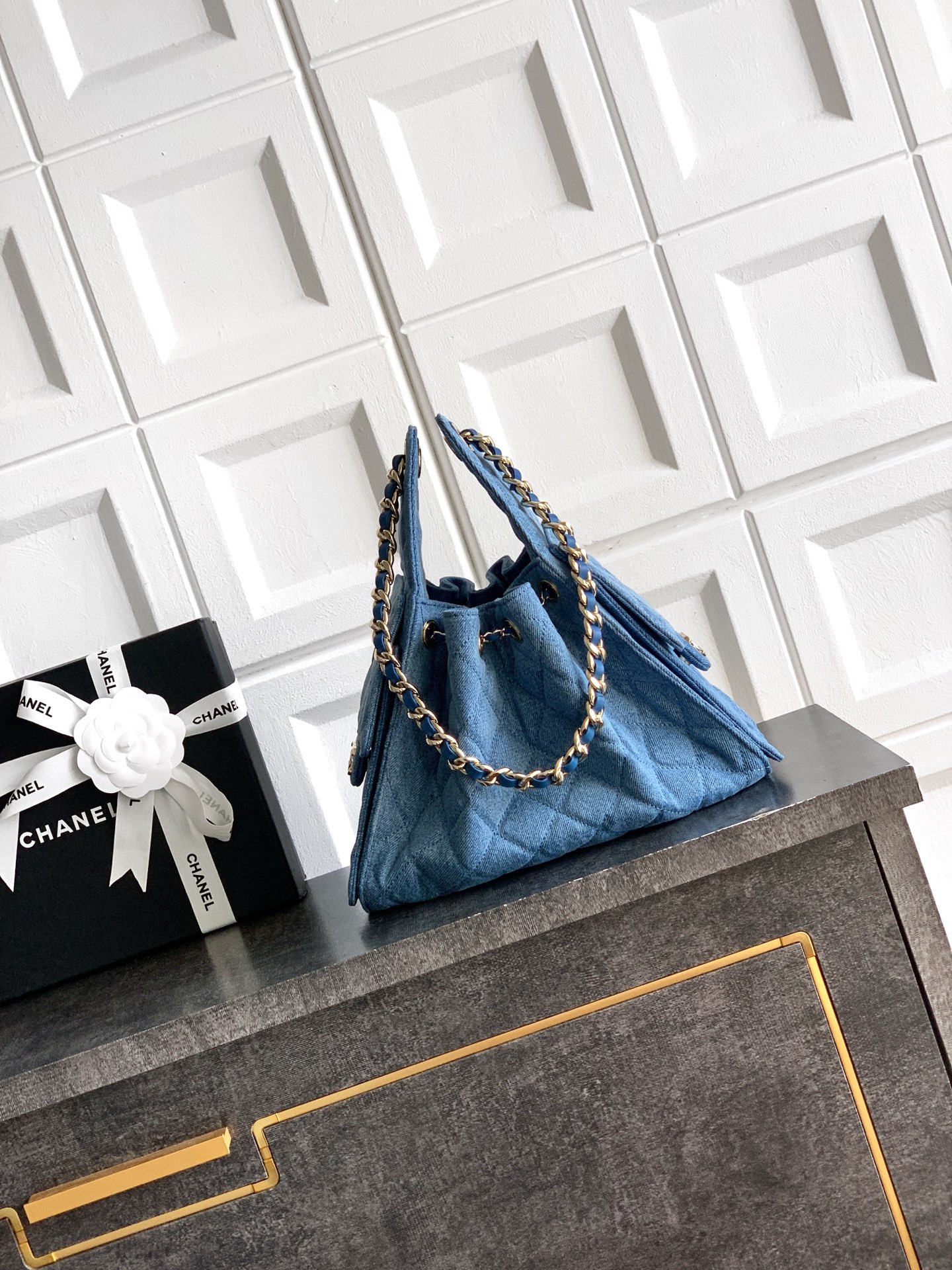 Chanel Denim Quilted Drawstring Tote Bag