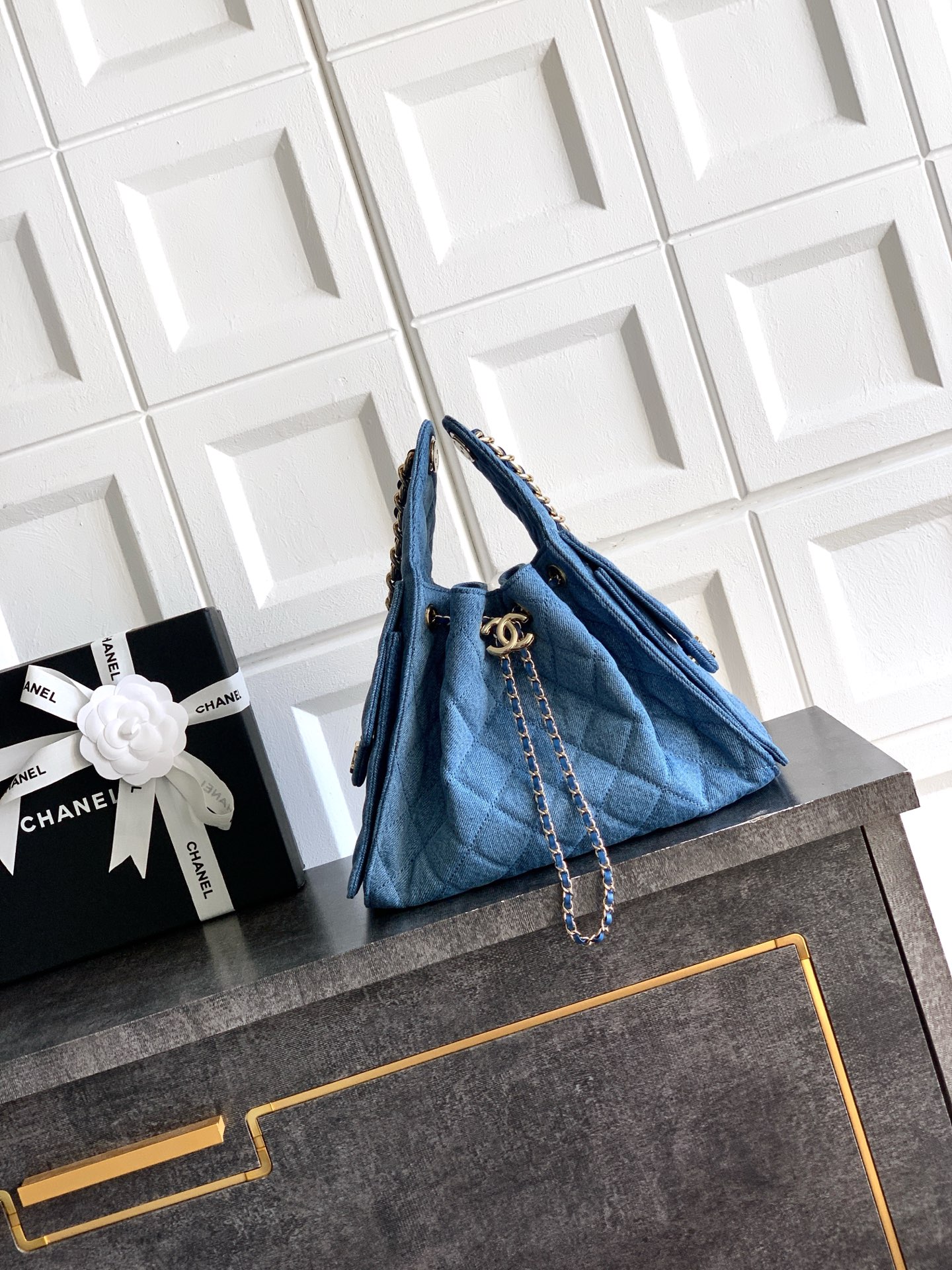 Chanel Denim Quilted Drawstring Tote Bag