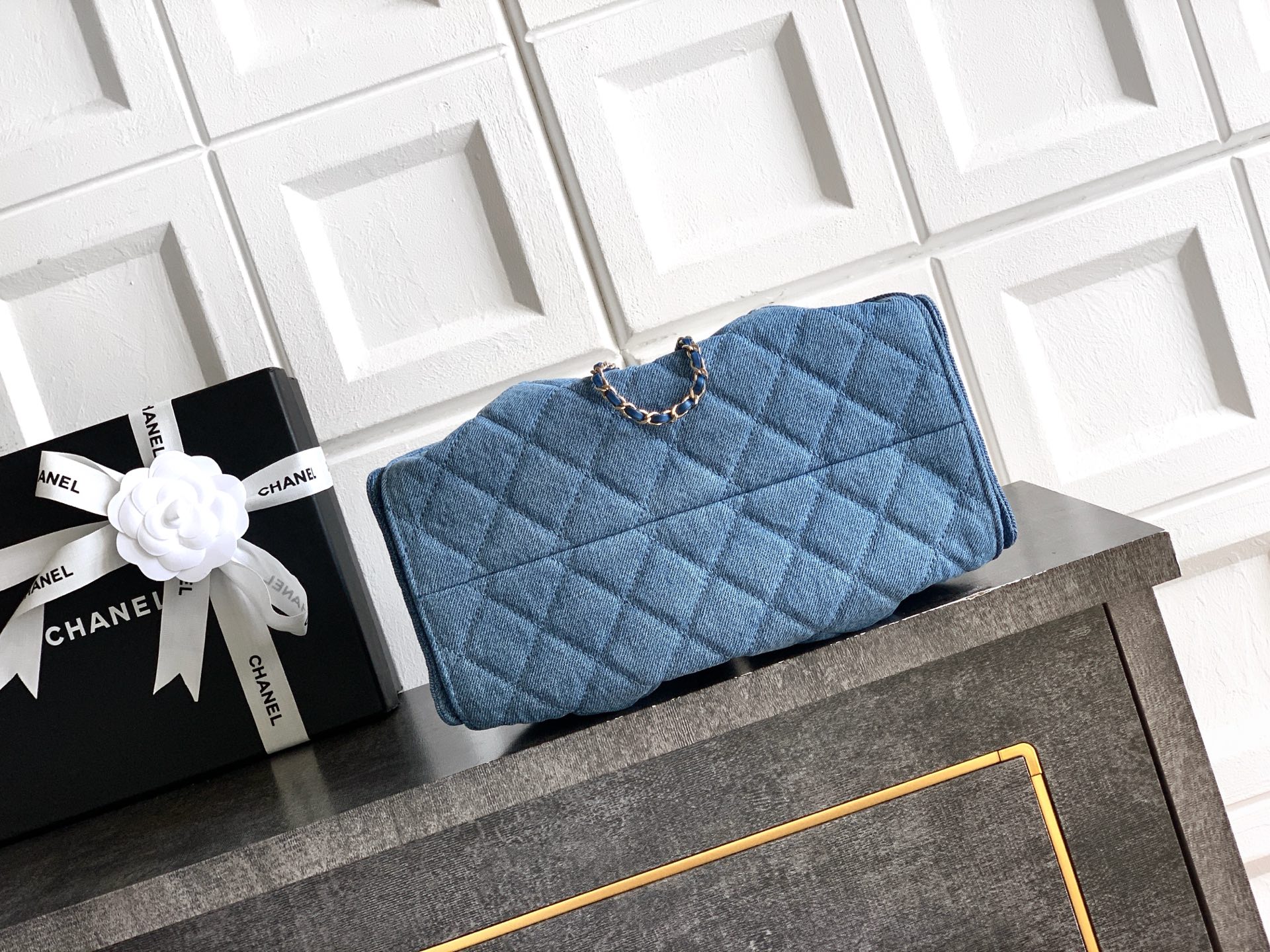 Chanel Denim Quilted Drawstring Tote Bag