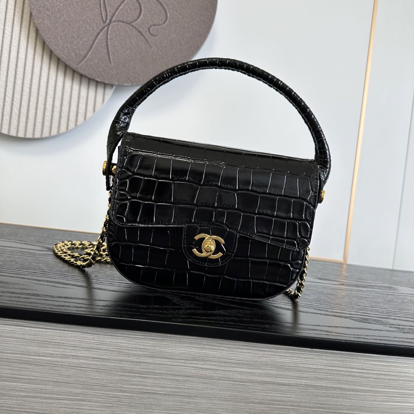 CHANEL Crocodile-Embossed Leather Top Handle Bag
