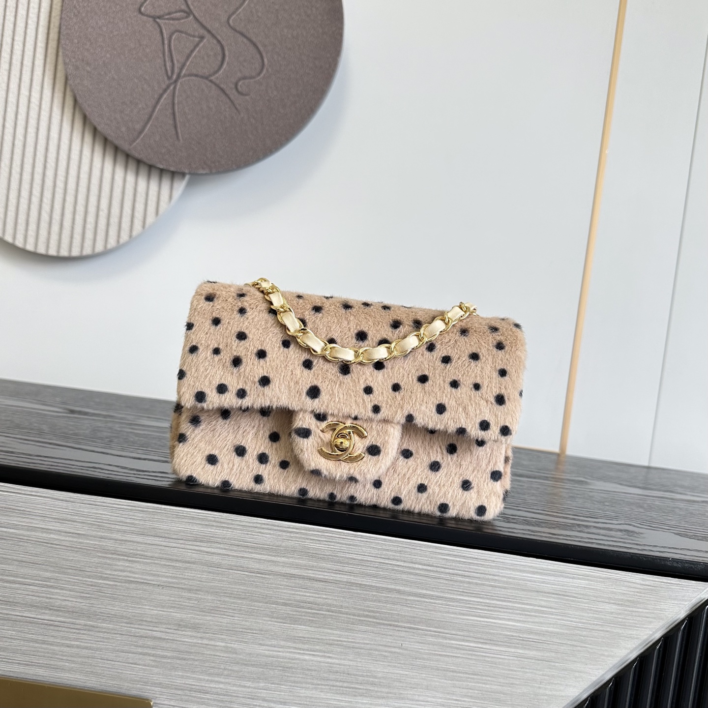 Chanel Furry Polka Dot Classic Flap Shoulder Bag