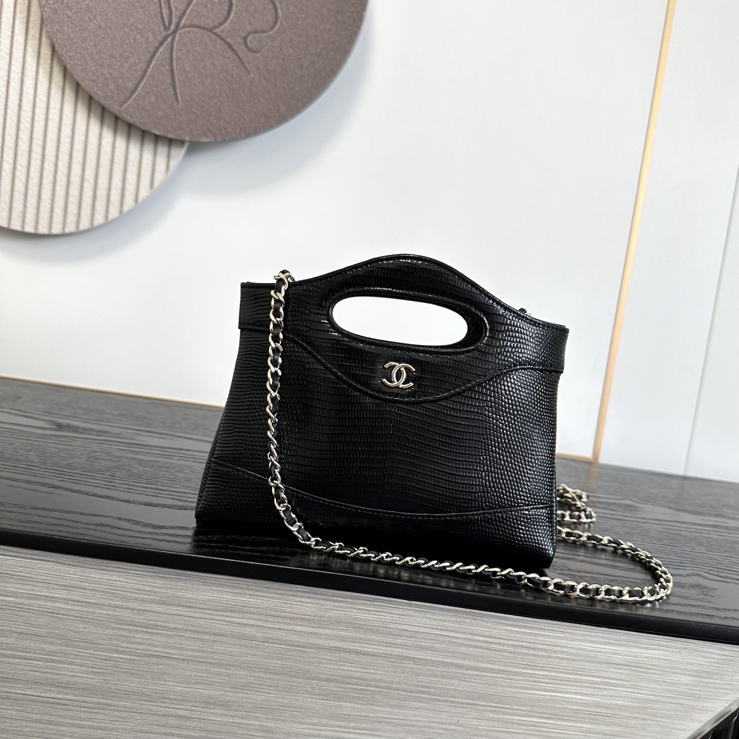 Chanel Lizard Embossed Cut Out Handle Mini Tote Ba