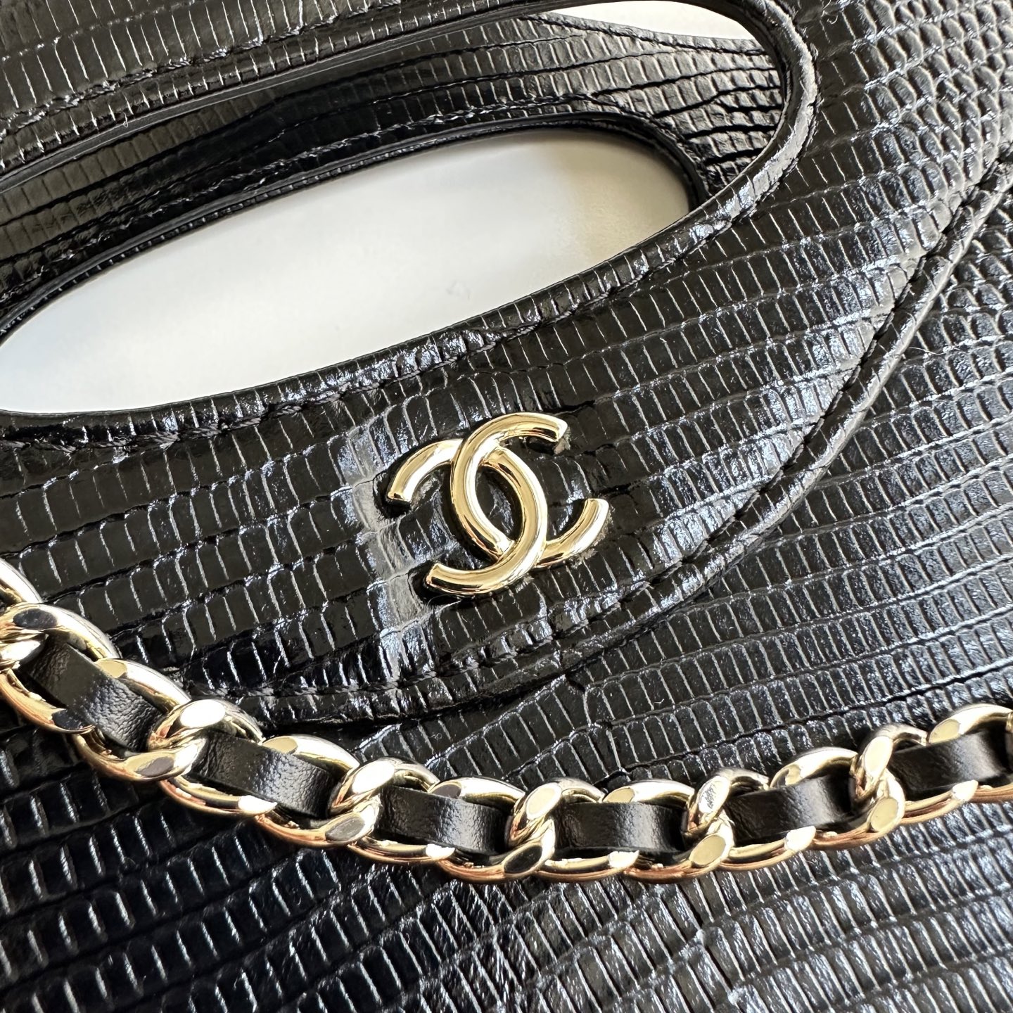 Chanel Lizard Embossed Cut Out Handle Mini Tote Ba