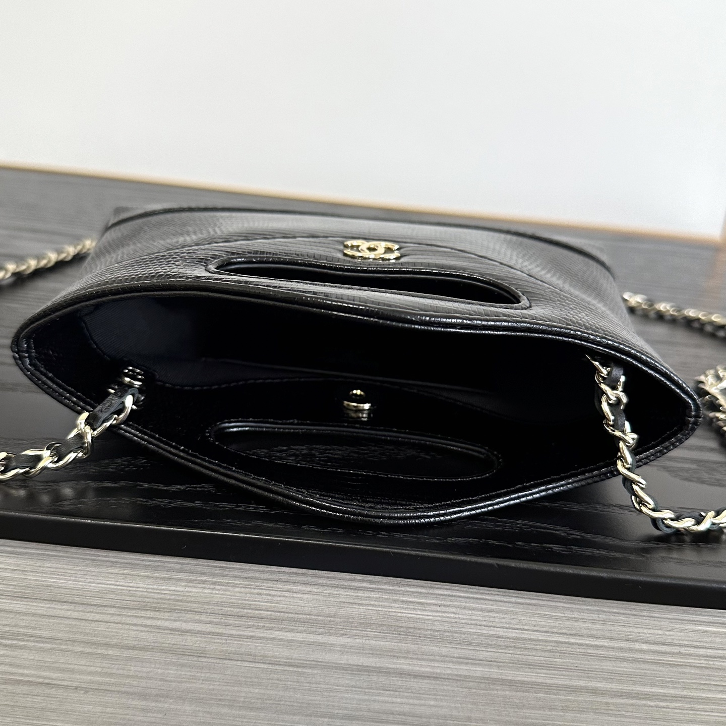 Chanel Lizard Embossed Cut Out Handle Mini Tote Ba