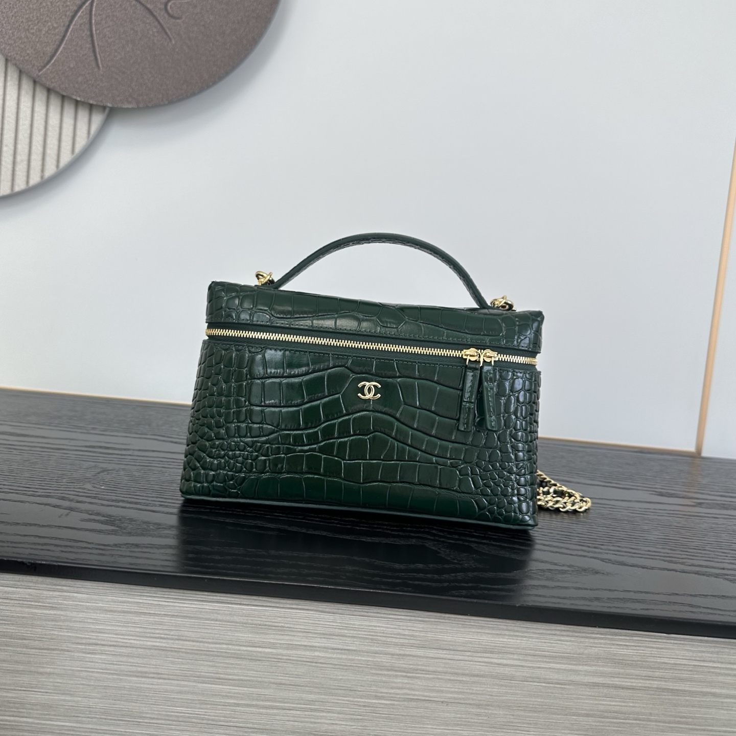 Chanel Dark Green Embossed Zip Handbag