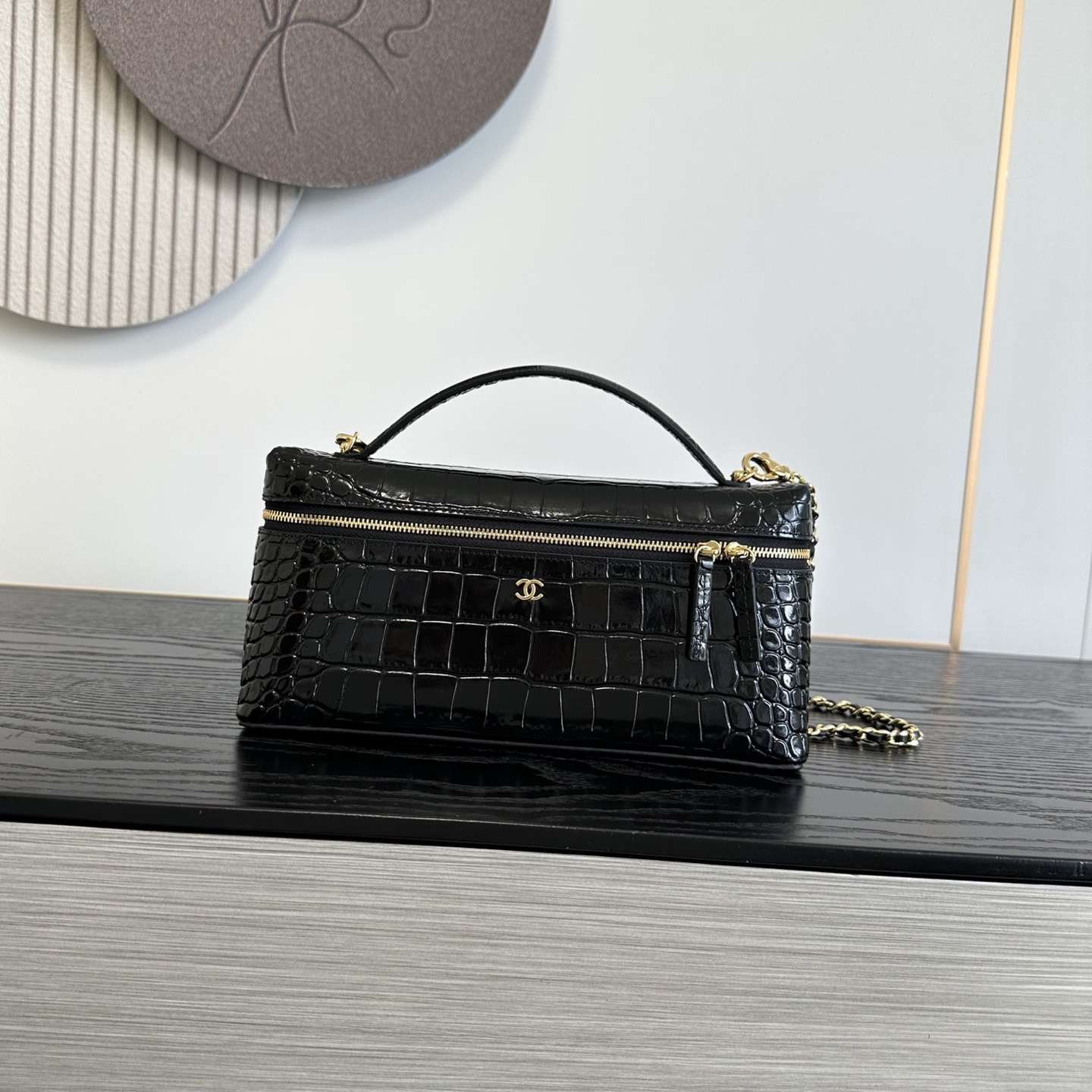 Chanel Black Grid Embossed Top Handle Bag