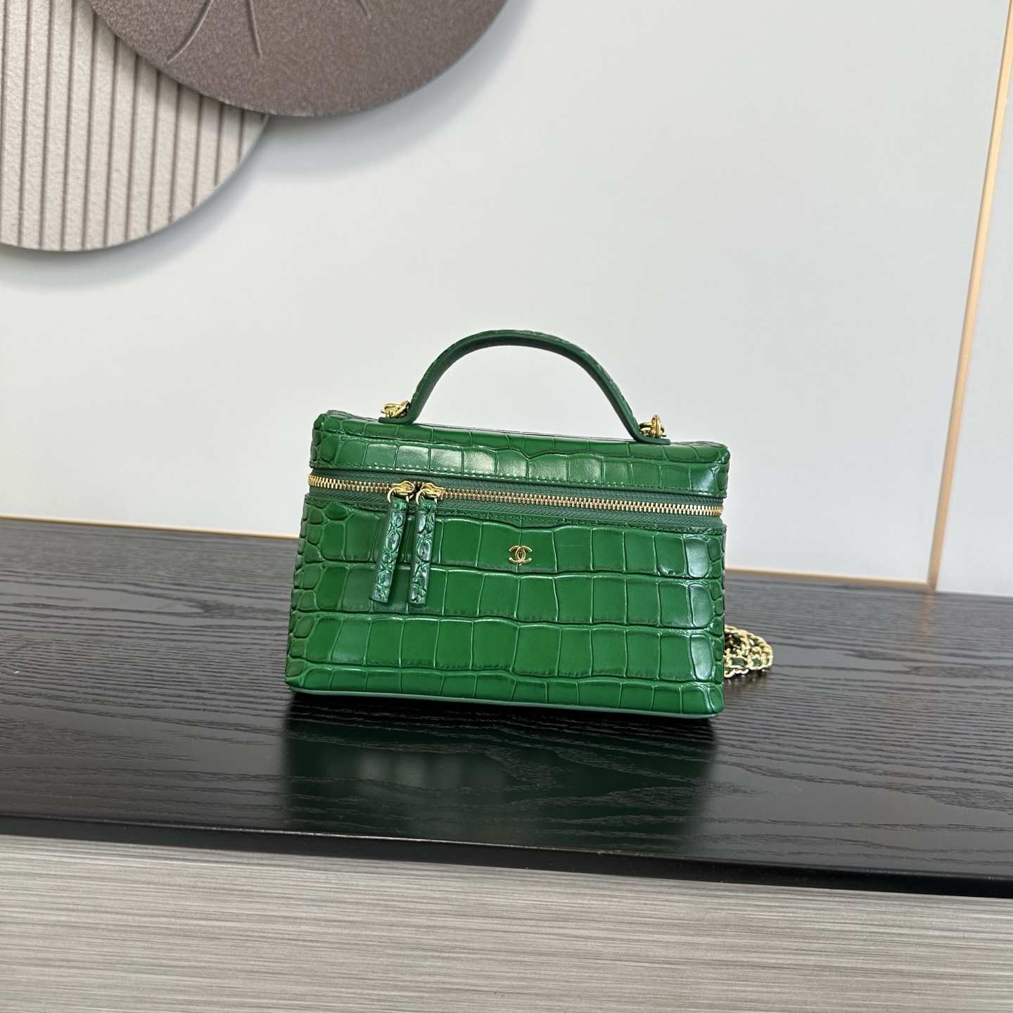 Chanel Green Embossed Zip Handbag