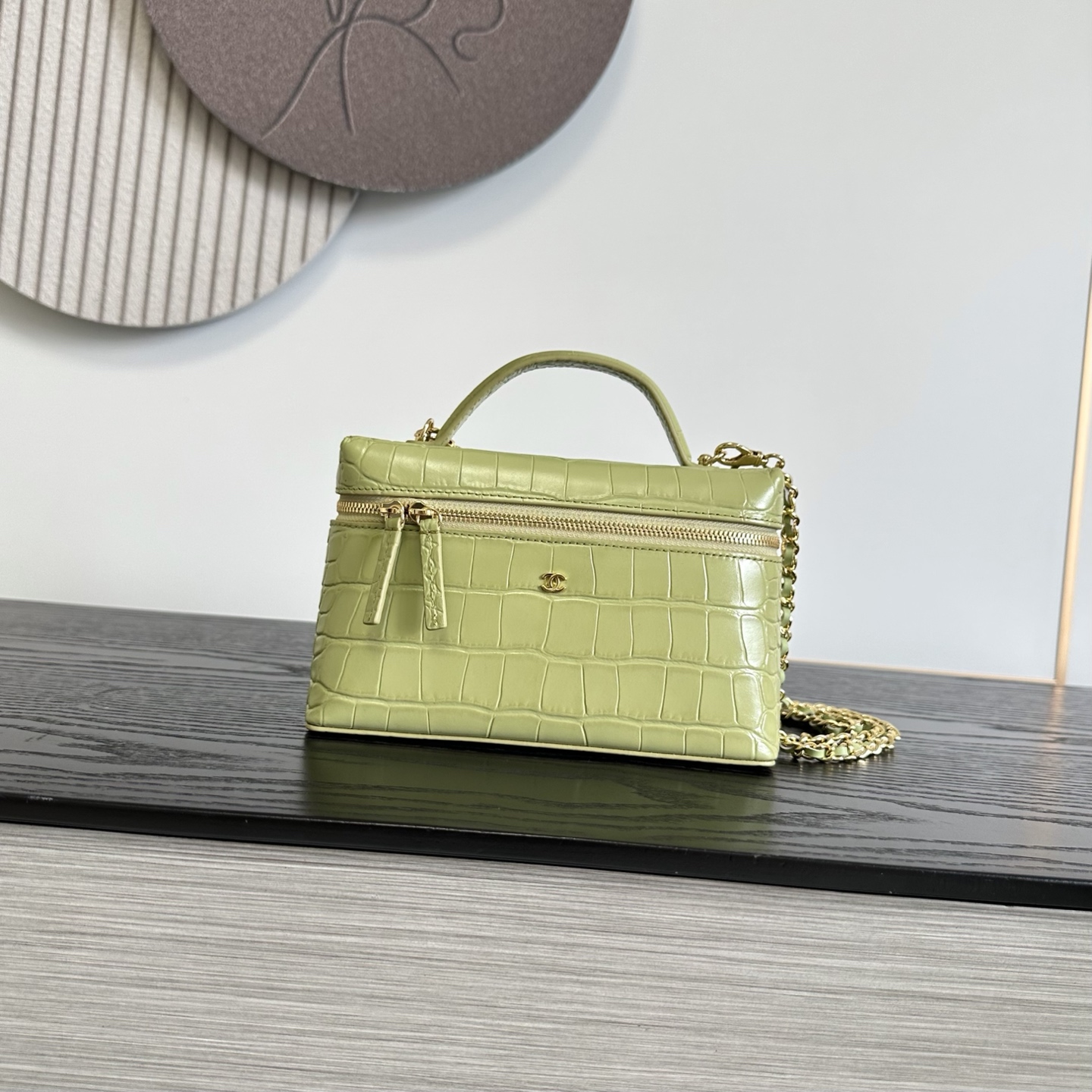 Chanel Light Green Grid Embossed Top Handle Bag