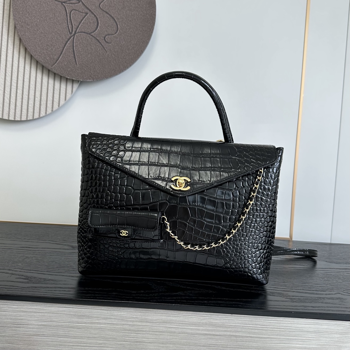 Chanel Black Grid Embossed Chain Tote Bag