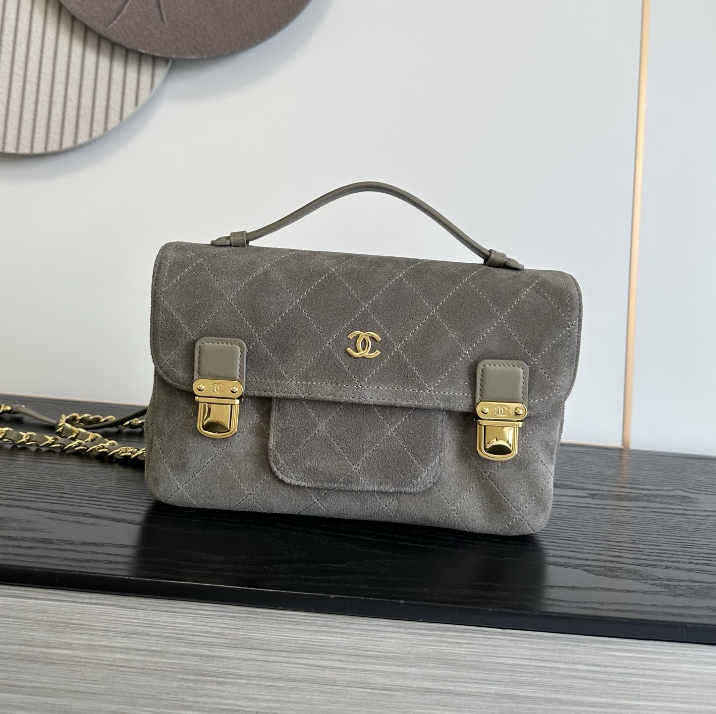 Chanel Gray Quilted Buckle Satchel