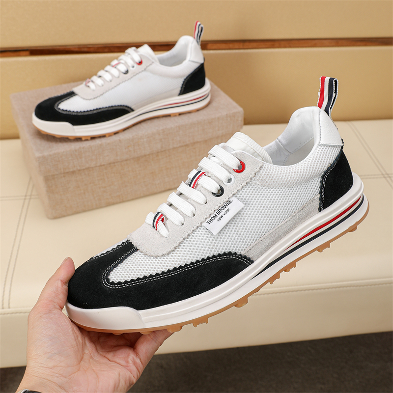 Thom Browne Men's Leather Low-Top Sneakers with Signature Stripe Detail