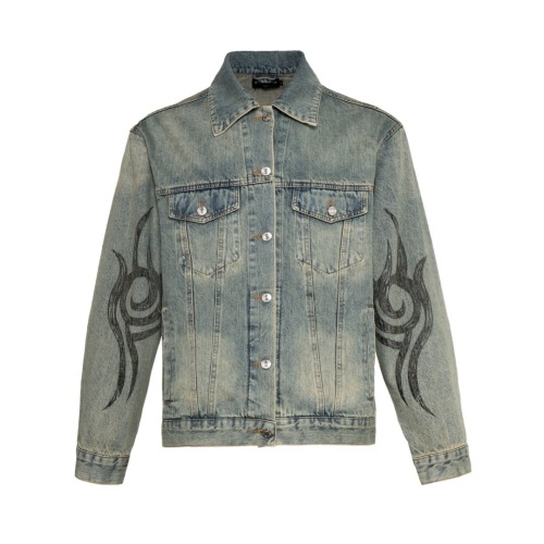 Balenciaga BLCG Y2K Denim Jacket with Hand-Painted Tribal Pattern 1 Balenciaga BLCG Y2K Denim Jacket with Hand-Painted Tribal Pattern