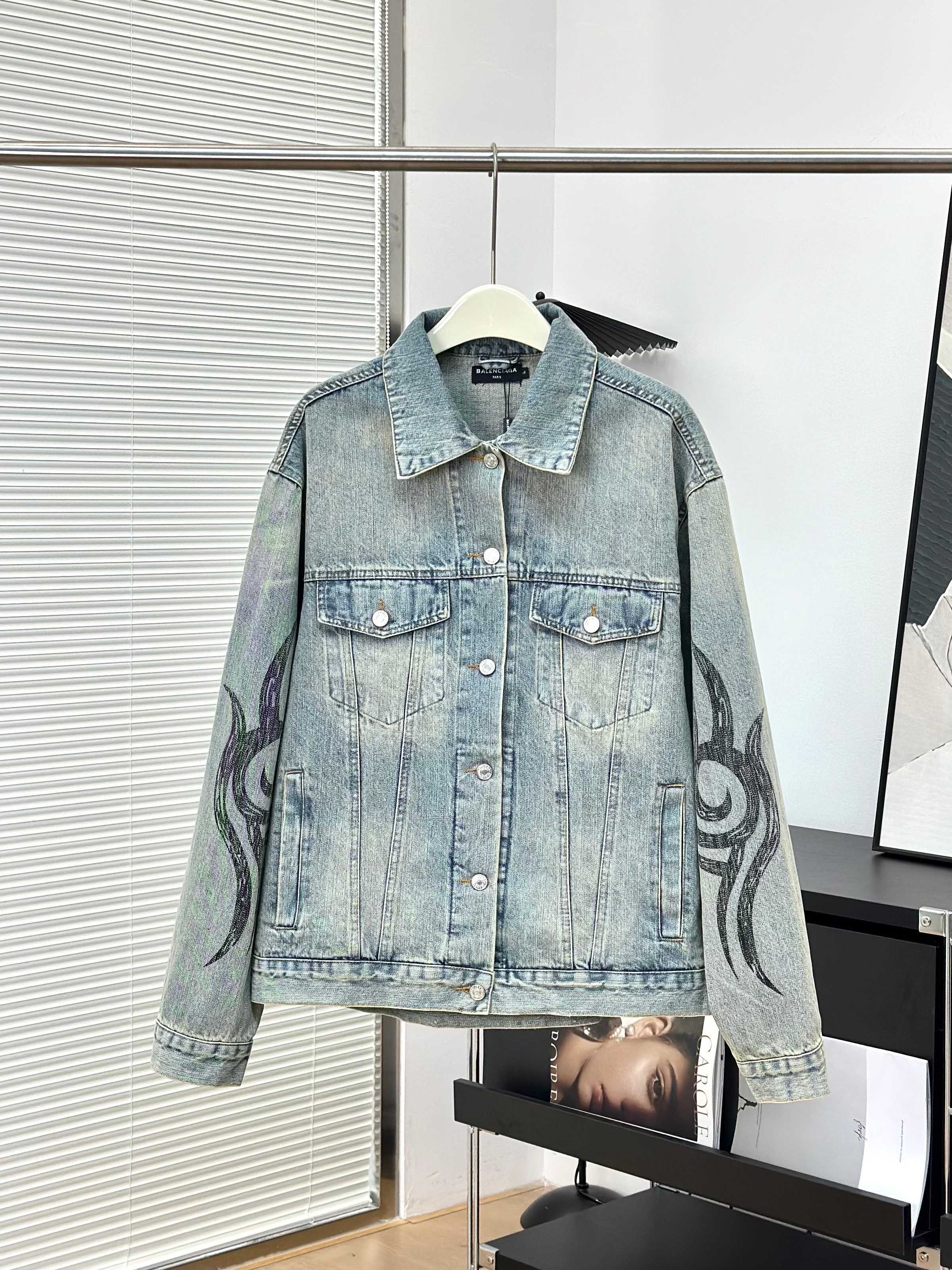 Balenciaga Y2K Denim Jacket with Hand-Painted Tribal Design