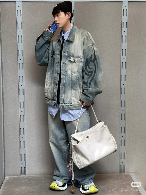 Balenciaga Y2K Denim Jacket - Hand-Painted Totem, Washed Vintage Style 1 Balenciaga Y2K Denim Jacket - Hand-Painted Totem, Washed Vintage Style