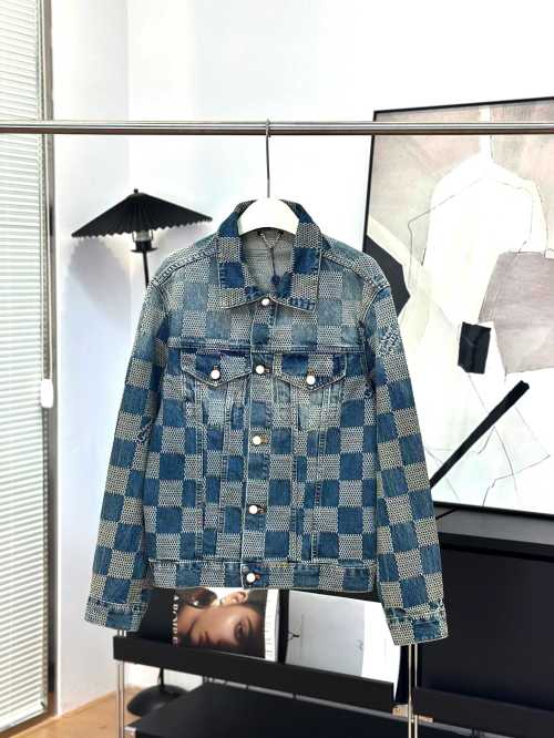 Louis Vuitton Denim Jacket with 3D Damier Pattern, Vintage Wash, Refined Details 1 Louis Vuitton Denim Jacket with 3D Damier Pattern, Vintage Wash, Refined Details