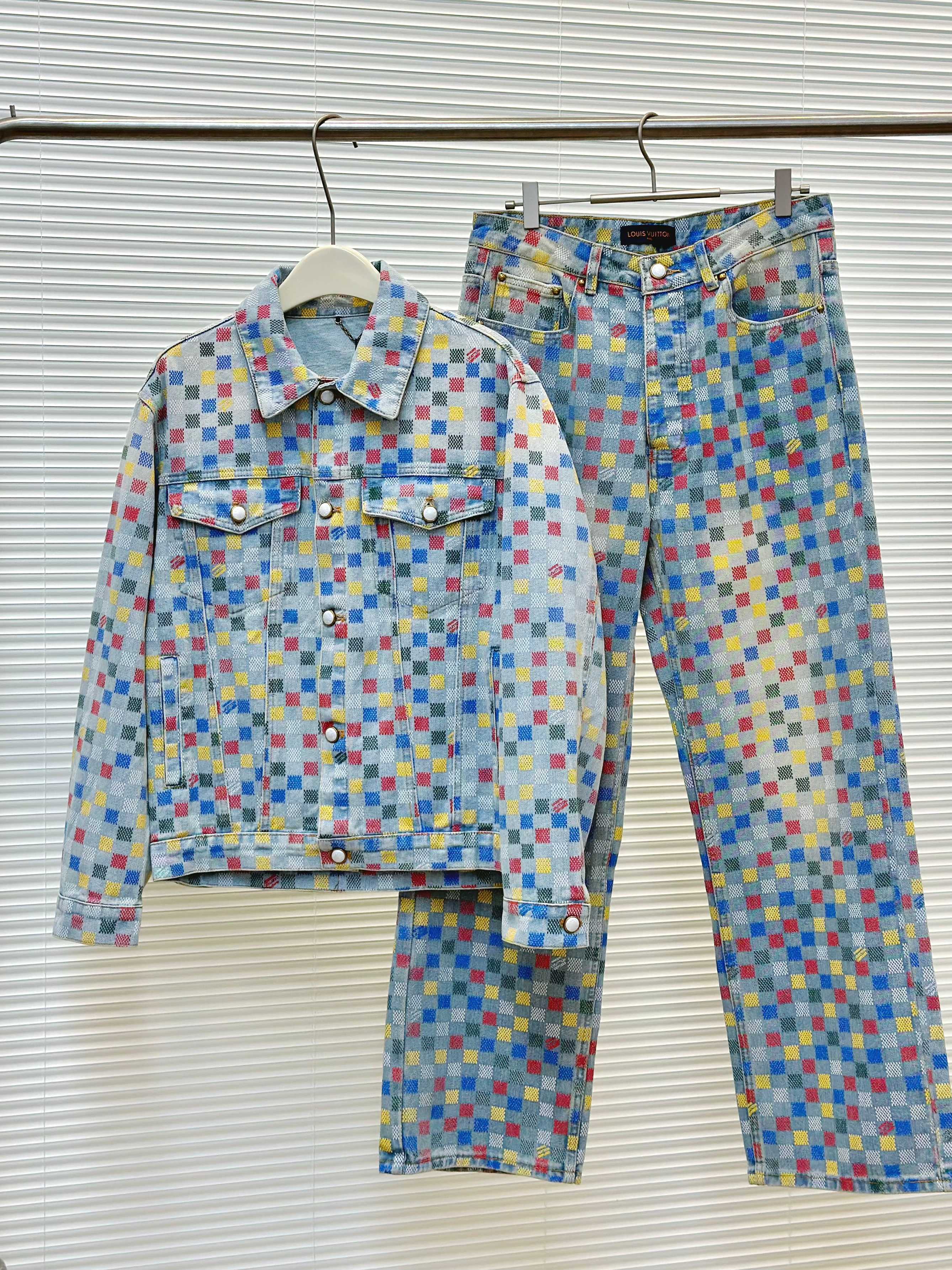 Louis Vuitton 2025 Checkered Flocked Denim Jacket and Jeans Set