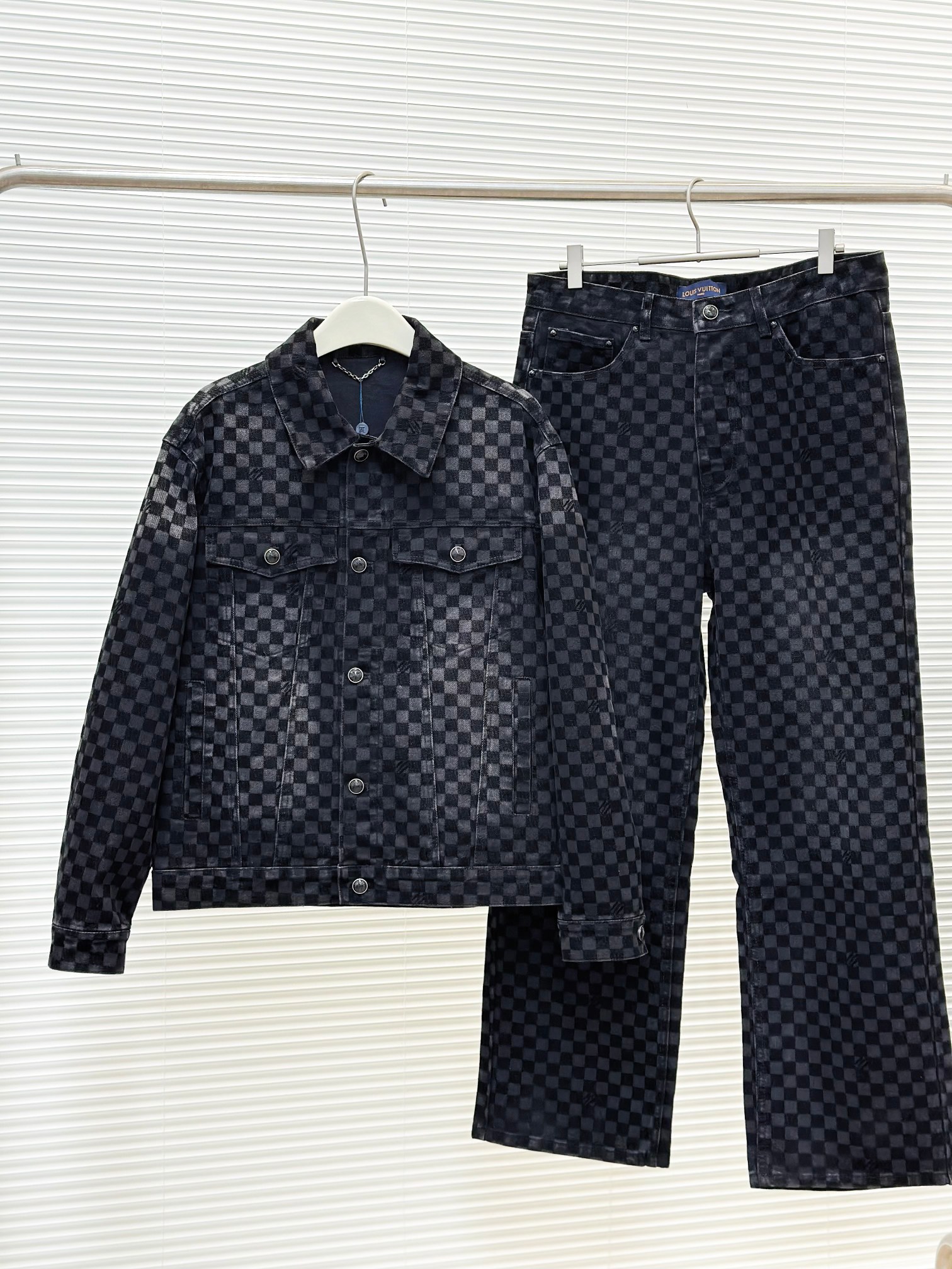 Louis Vuitton Checkered Denim Jacket & Jeans Set - Modern, Stylish Outfit