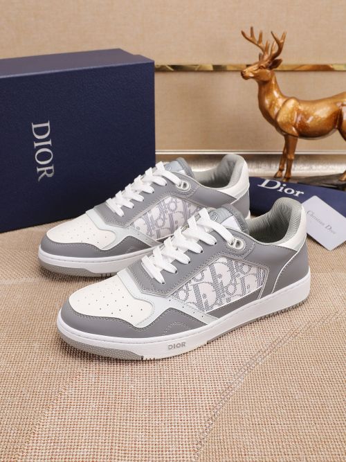 Dior Low-Top Sneakers in Gray Leather with Oblique Print Lace-Up Closure 1 Dior Low-Top Sneakers in Gray Leather with Oblique Print Lace-Up Closure