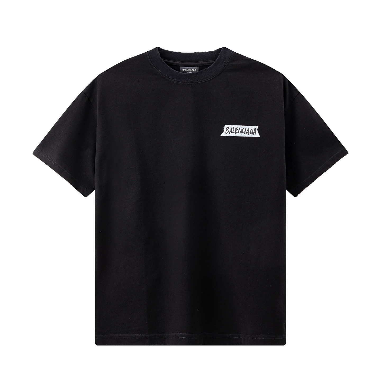 Balenciaga 高端品质 Balenciaga巴黎世家胶条印花字母logo圆领短袖 领口 袖口做破洞磨损工艺