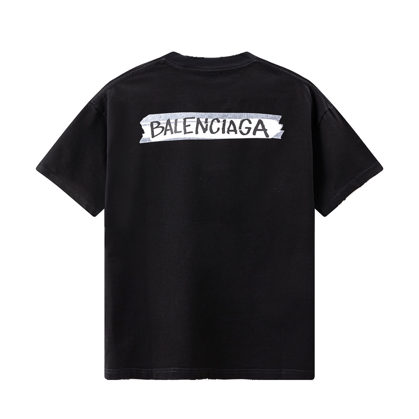 Balenciaga 高端品质 Balenciaga巴黎世家胶条印花字母logo圆领短袖 领口 袖口做破洞磨损工艺